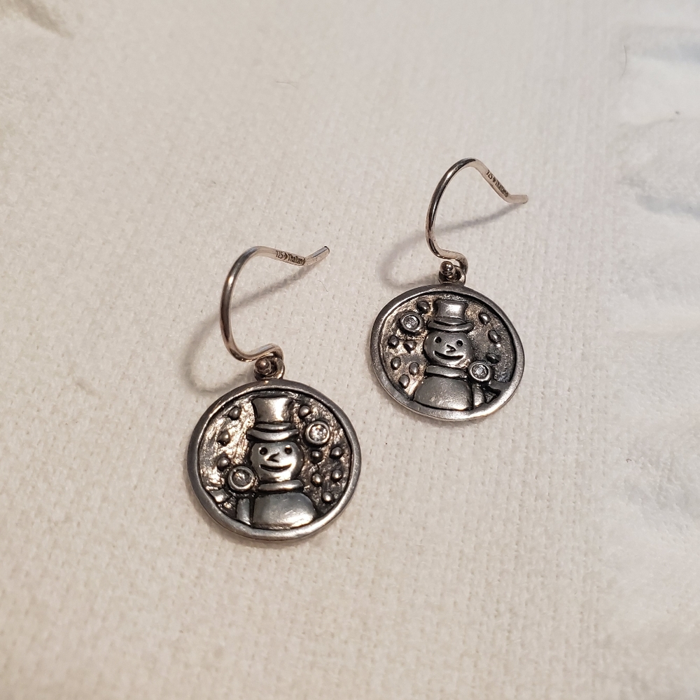 Sterling Silver Snowman Dangle Earrings w/ Crystal
